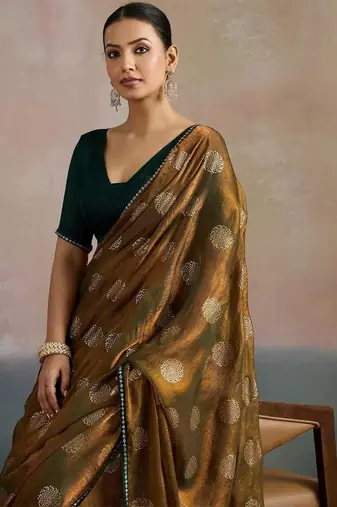 olive floral beads and stones pure chiffon saree