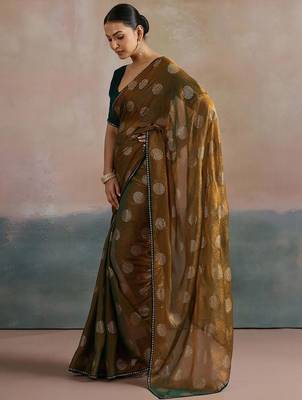 olive floral beads and stones pure chiffon saree 3