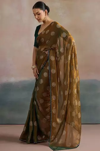 olive floral beads and stones pure chiffon saree
