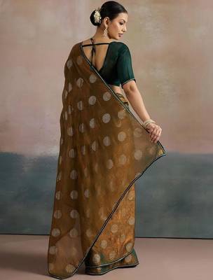 olive floral beads and stones pure chiffon saree 4