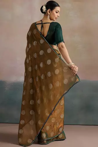 olive floral beads and stones pure chiffon saree