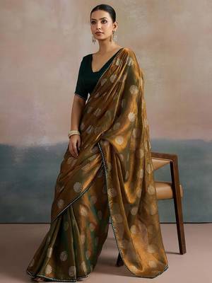 olive floral beads and stones pure chiffon saree 5