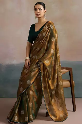 olive floral beads and stones pure chiffon saree