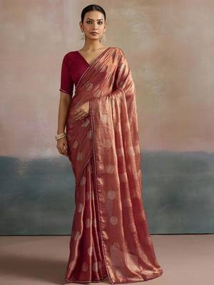 rose floral beads and stones pure chiffon saree 1