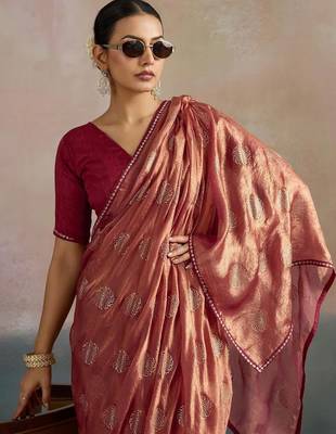 rose floral beads and stones pure chiffon saree 2