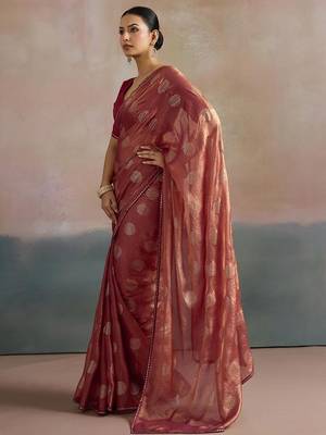 rose floral beads and stones pure chiffon saree 3