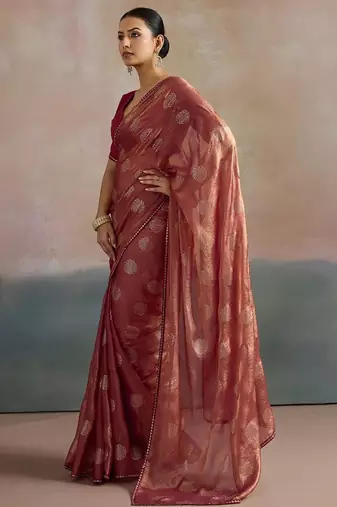 rose floral beads and stones pure chiffon saree