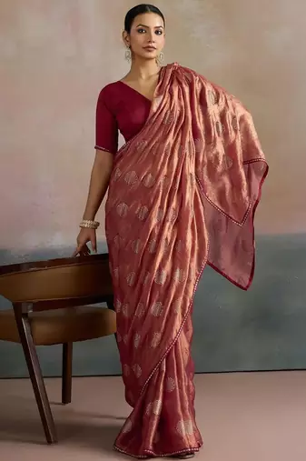 rose floral beads and stones pure chiffon saree