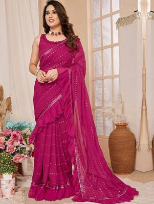 pink embellished mirror work ruffled saree 1