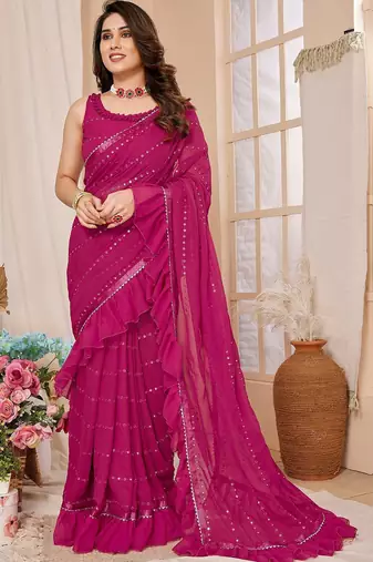 pink embellished mirror work ruffled saree