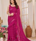 pink embellished mirror work ruffled saree