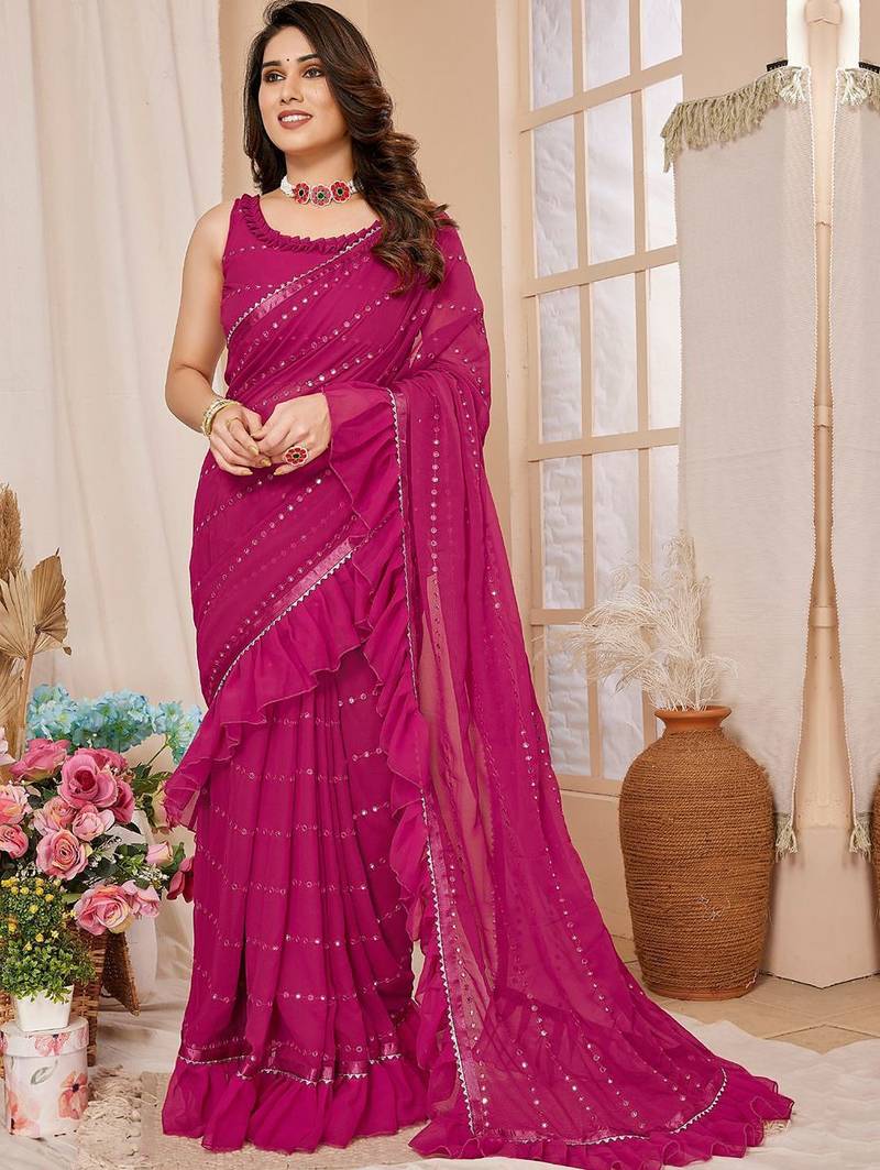 pink embellished mirror work ruffled saree