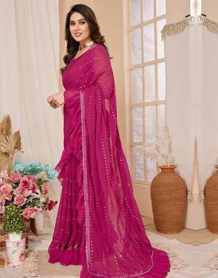 pink embellished mirror work ruffled saree 2