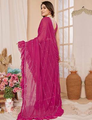 pink embellished mirror work ruffled saree 3