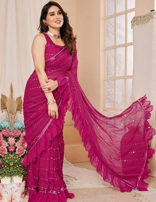pink embellished mirror work ruffled saree 4