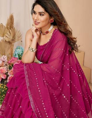 pink embellished mirror work ruffled saree 5