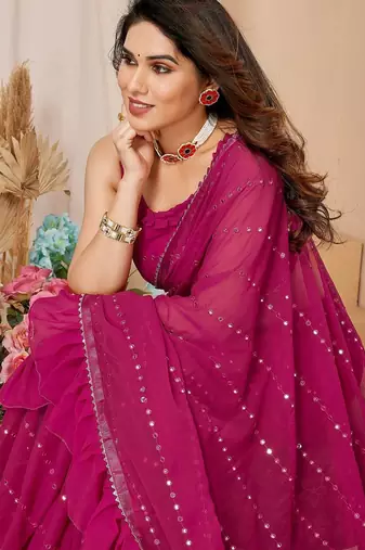 pink embellished mirror work ruffled saree