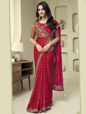 pink embellished striped embroidered poly georgette heavy work saree 1