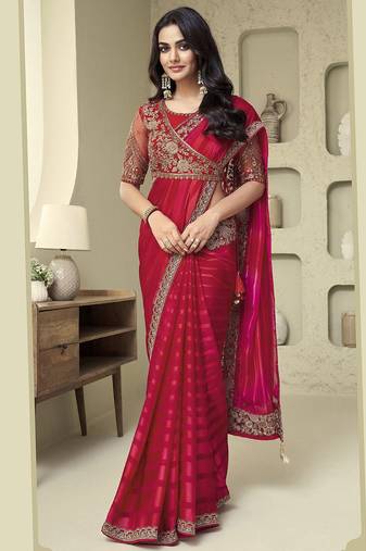pink embellished striped embroidered poly georgette heavy work saree