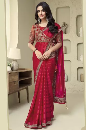 pink embellished striped embroidered poly georgette heavy work saree