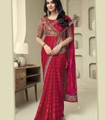 pink embellished striped embroidered poly georgette heavy work saree