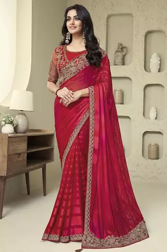 pink embellished striped embroidered poly georgette heavy work saree