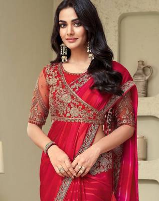 pink embellished striped embroidered poly georgette heavy work saree 3