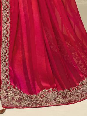 pink embellished striped embroidered poly georgette heavy work saree 5