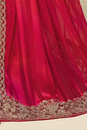 pink embellished striped embroidered poly georgette heavy work saree