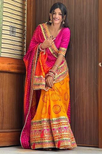 orange orange & pink printed & embroidered pure chiffon bandhani saree