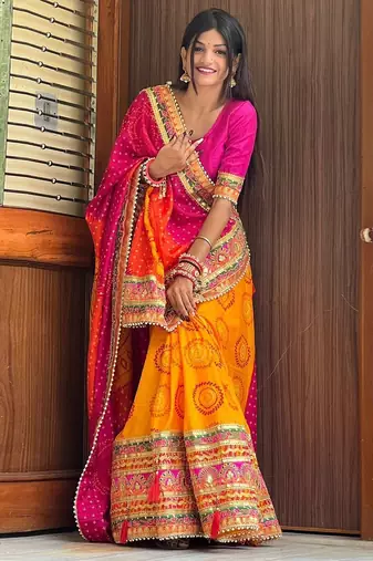orange orange & pink printed & embroidered pure chiffon bandhani saree