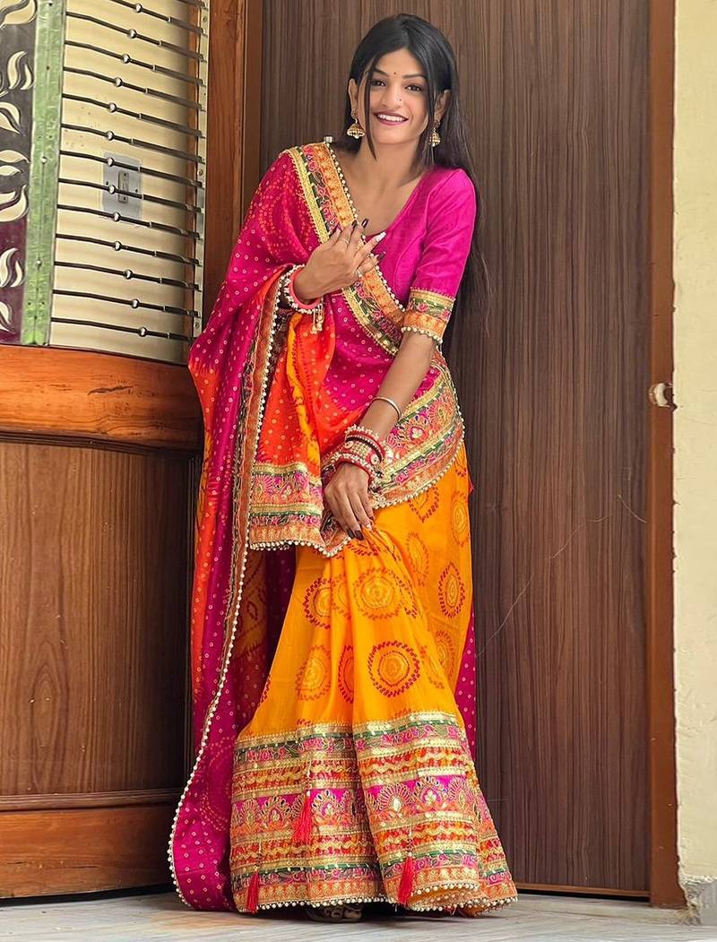 orange orange & pink printed & embroidered pure chiffon bandhani saree