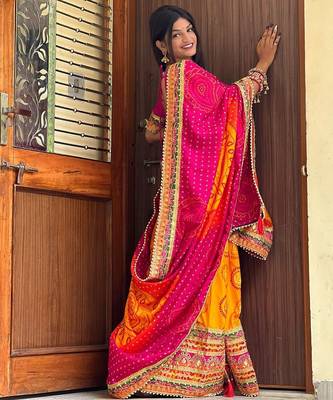 orange orange & pink printed & embroidered pure chiffon bandhani saree 2