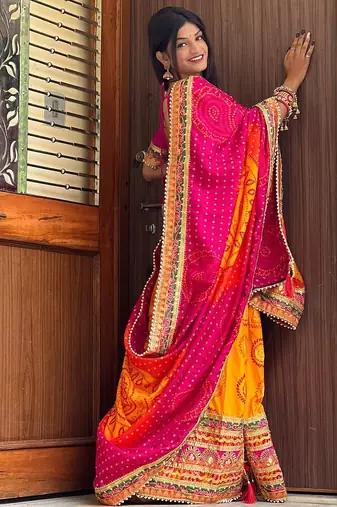 orange orange & pink printed & embroidered pure chiffon bandhani saree