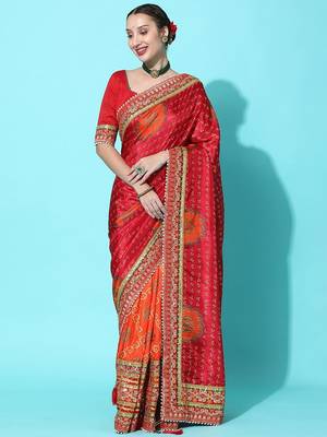 coral coral & red bandhani zari dola silk half and half bandhani saree 1