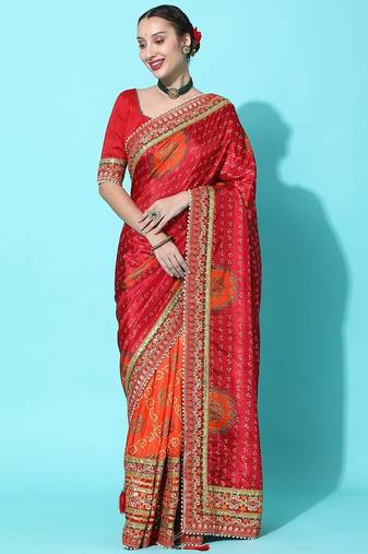 coral coral & red bandhani zari dola silk half and half bandhani saree