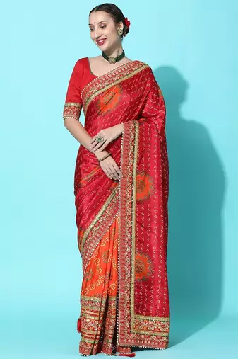 coral coral & red bandhani zari dola silk half and half bandhani saree