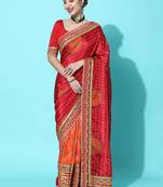 coral coral & red bandhani zari dola silk half and half bandhani saree