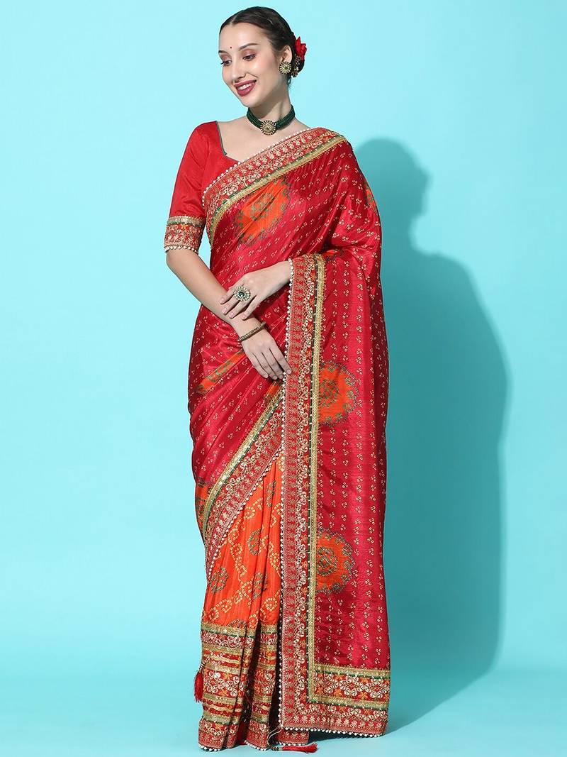 coral coral & red bandhani zari dola silk half and half bandhani saree