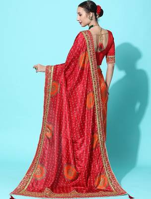 coral coral & red bandhani zari dola silk half and half bandhani saree 2