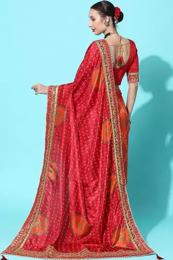 coral coral & red bandhani zari dola silk half and half bandhani saree