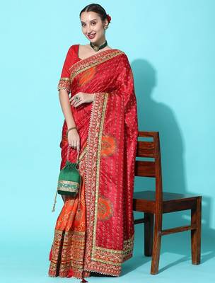 coral coral & red bandhani zari dola silk half and half bandhani saree 3