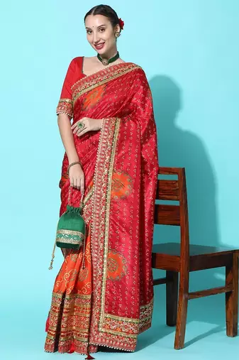 coral coral & red bandhani zari dola silk half and half bandhani saree