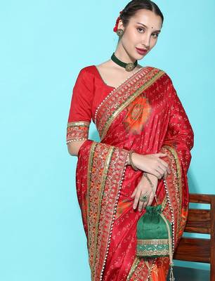 coral coral & red bandhani zari dola silk half and half bandhani saree 4