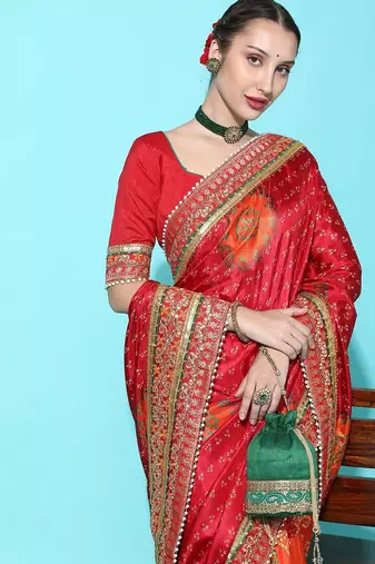 coral coral & red bandhani zari dola silk half and half bandhani saree