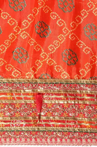 coral coral & red bandhani zari dola silk half and half bandhani saree