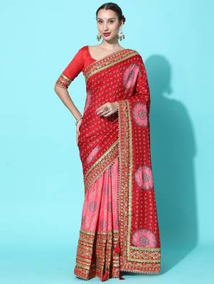 pink pink & red bandhani embroidered dola silk half and half bandhani saree 1