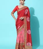 pink pink & red bandhani embroidered dola silk half and half bandhani saree