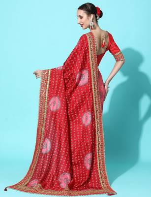 pink pink & red bandhani embroidered dola silk half and half bandhani saree 2