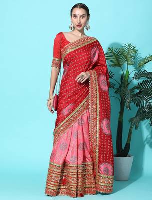 pink pink & red bandhani embroidered dola silk half and half bandhani saree 3